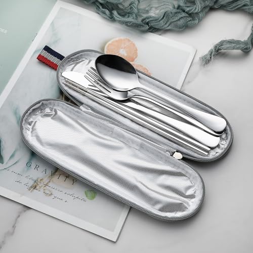 DEVICO Travel Utensils with Case, 5 Piece Portable Silverware Set for Work - color: Silver