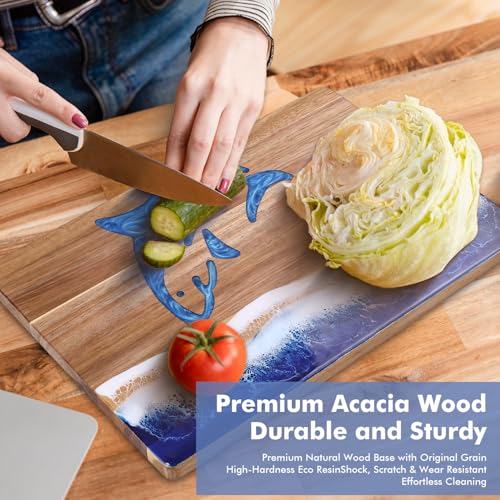 Ocean Resin Shark Charcuterie Board, Acacia Wood & Resin Cutting Board, Decorative Serving Platter for Cheese, Fruit, Snacks, Beach Themed Kitchen Gift for Party, Holiday, Birthday - color: blue shark