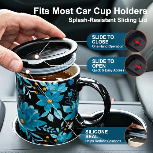 Topadorn 17oz Ceramic Travel Mug, Blue Floral Coffee Mug with Lid & Handle - color: Blue Flower