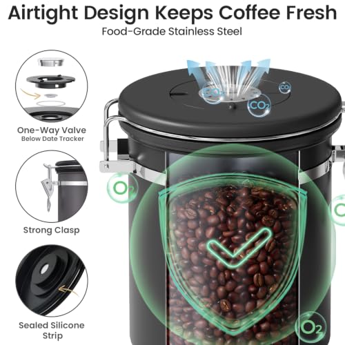 Veken Coffee Canister with Window,Airtight Stainless Steel Container,16OZ - color: Black, size: 16 oz