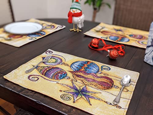 DaDa Bedding Bohemian Ornaments Tapestry Placemats - Set of 4 Festive Christmas Holiday Turkish Star Lights Lanterns - Needle Stitched Cotton Linen Woven Kitchen Dining Table Mats - 13” x 19” (14916) - color: Bohemian Ornaments