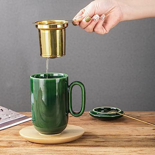 vicrays Ceramic Tea Mug Infuser - Large Cup 16 oz Hot Loose Steeping Handle Teacup with Leaf Infuser Spoon Lid - Tall Glazed Strainer Coffee Mug Microwave Safe - Green - color: Green