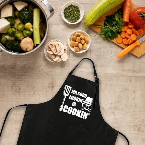 Funny Black Apron with Pockets for Man,Dad,Husband,Father in Law,Chef Daddy Women Grilling Apron BBQ Cooking Gifts - color: Apron-14