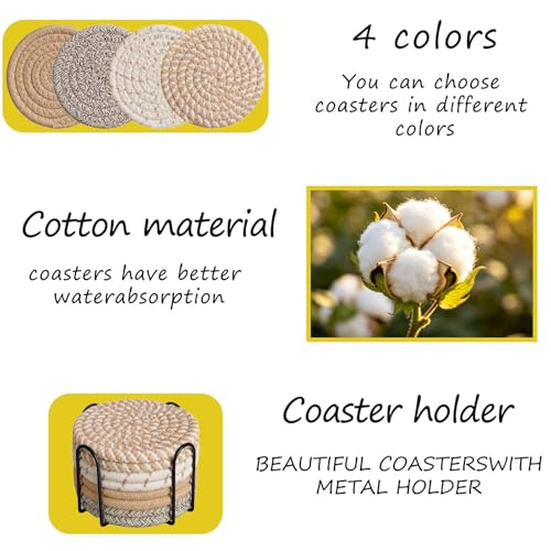 Coasters Set of 8 for Drinks with Holder,4 Colors Absorbent Coasters,Boho Cotton Woven Coaster Set for Living Room Decor,Tabletop Protection Suitable for Drinks,Beer, Coffee - color: Multicolored