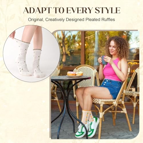 6 Pack Women's Ruffle Socks Cute Frilly Socks Vintage Floral Heart Cherry Pattern Cotton Breathable