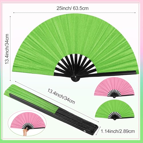 Maitys 2 Packs Large Folding Hand Fans, 13'', Glitter Green and Pink - color: Glitter Green and Pink