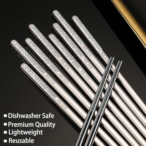 Stainless Steel Chopsticks Reusable, 5 Pairs, Silver Crack Pattern