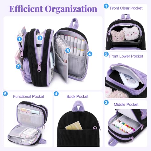 Cute Pencil Case, Soft Corduroy Pencil Pouch, Large Capacity Pencil Bag, Mini Backpack Aesthetic Pen Organizer for Stationery for Students Teen Girls Women, Black Match Purple - color: Black & Purple