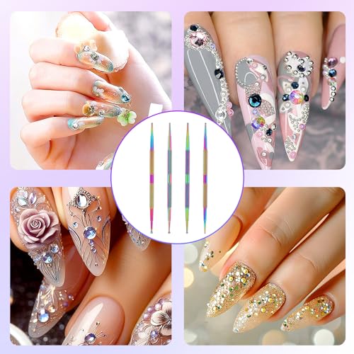Jeffdad Nail Dotting Tool, 4 Pcs Professional Double-ended Nail Art Tools with Box, Dot Pen Metal Dot pen Nail Polish Paint Pen Dot Diamond Pattern Stainless Steel Dotting Tools Nail art(color) - color: color