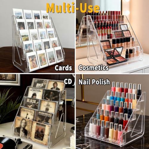 2 Pack 3-Tier Greeting Card Display Stand – Clear Vertical Riser Shelf Rack Holder for Trading Baseball Basketball Sports Graded Game Cards