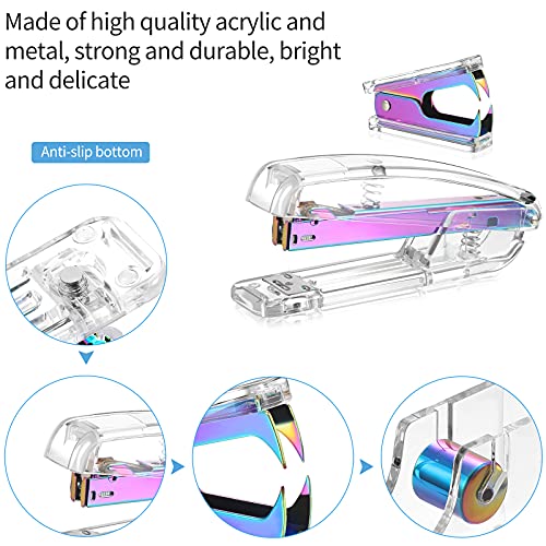 Office Supplies Set Desk Accessory Kit, Acrylic Stapler Set Staple Remover, Tape Dispenser, Binder Clips, Paper Clips, Ballpoint Pen and Scissor with 1000 Pieces 26/6 Staples (Rainbow Color) - color: Rainbow Color