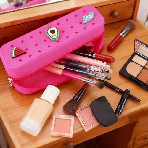 2 Packs Cute Silicone Pen Case Pen Pouch with DIY Holes and 3 Decoratives(Random) Travel Makeup Brush Bag suitable for travel home7.81inch (Hot Pink,2 Packs) - color: Hot Pink,2Packs