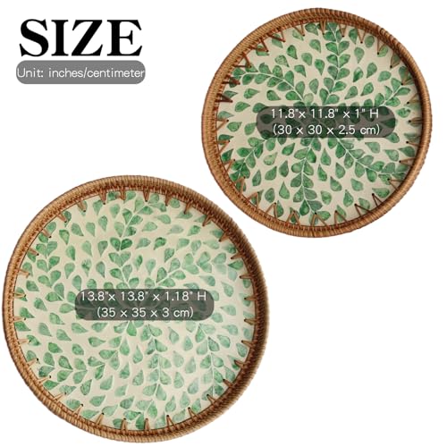 2 Pcs Rattan Mother of Pearl Inlay Serving Tray, Round Wicker Handwoven Coffee Table Boho Decor Tray Basket Tray for Fruit Food Kitchen Home Office Party Wedding (Leaf Spring)
