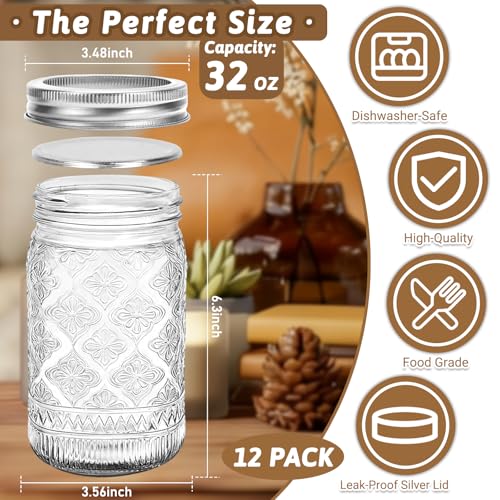 STARSIDE Wide Mouth Mason Jars 32oz, 12-Pack with Airtight Lids and Bands - color: Clear02-32oz