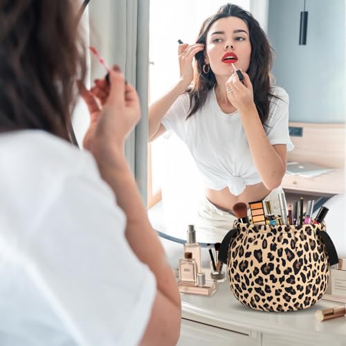 Funny Leopard Drawstring Makeup Bag, Travel Toiletry Cosmetic Organizer - color: C-LeopardPrint