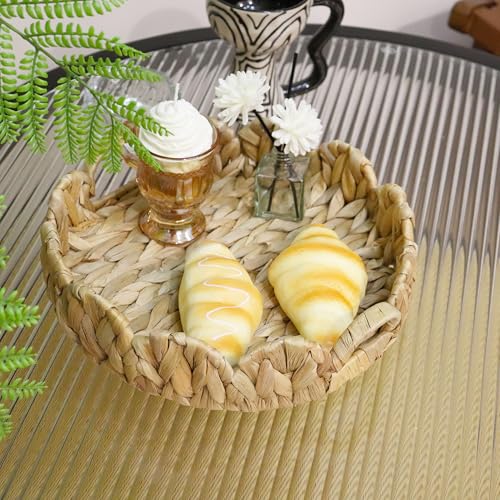 GYASVWU Water Hyacinth Scalloped Tray with Handles,Round Wicker Serving Trays for Coffee Table,Woven Tray for Ottoman Decorative and Organizer Trays (Water Hyacinth) - color: Water Hyacinth