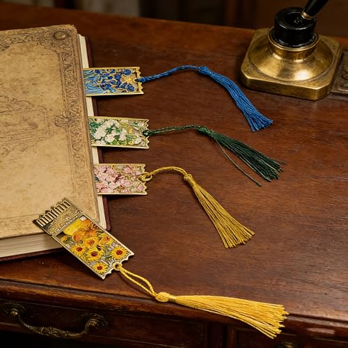 4 Pack Metal Bookmarks with Tassel, Oil Painting Style Decorative Bookmarks, Reading Page Markers for Book Lovers, Readers, Writers, Students, Adults, Men & Women - style: 4Pcs Letter