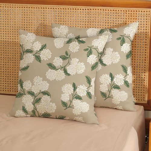 Spring Pillow Covers 18x18 Pack of 2 Green Beige Hydrangea Floral Decorative Throw Pillow Covers Outdoor Decoration Summer Seasonal Flower Pillowcase Farmhouse Linen Cushion Case for Home Sofa - color: Beige Hydrangea Floral-a, size: 18" x 18" (Pack of 2)