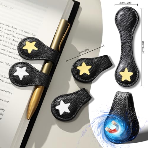 Ovesmusl 2Pcs PU Leather Star Magnetic Bookmarks with Pen Holder - style: Star (Black+Black)