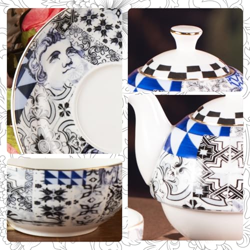 KAMMAK Tea for One Set, Ceramic Teapot, Bone China Tea Set, Cup and Saucer - color: Black and White-XY17