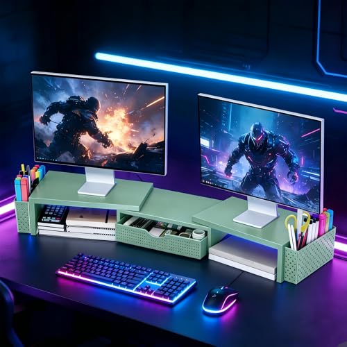 Spacrea Dual Monitor Stand Riser with Drawer and 2 Pen Holders - color: Sage Green