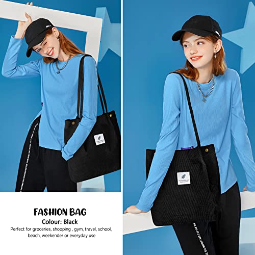 Ayieyill Corduroy Tote Bag for Women Canvas Shoulder Cord Purse with Inner Pocket - color: Black