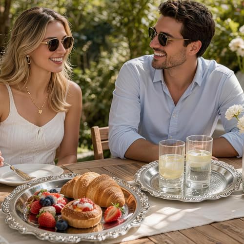 Round Silver Tray, Serving Platters, Vintage Metal Dessert Snack Platter, Decorative for Coffee Table, Fruits Party Displays,10 Inch, 2Pack - color: Silver, size: 10 inch