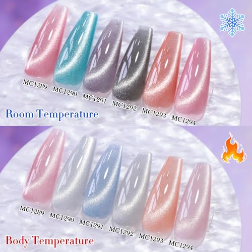 Double Rhythm Cat Eye Gel Nail Polish Set of 6 Same Color Same Bottle 0.5 Oz Shimmer Glitter with Magnet Holographic Reflective Magnetic UV Nail Polish Kit at Home (Color Changing-T6-49) - color: Color Changing Nude Pink