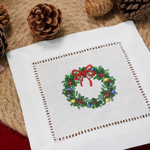 Embroidered Christmas Wreath Cocktail Napkins 6 Pack Cloth Cotton Coaster Decorative for Drink Absorbent Holiday Parties Events Ladder Hemstitch Washable Square (6"x6") - color: Wreath