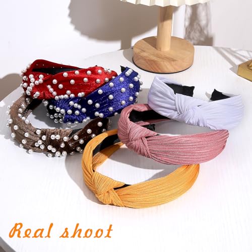LOVNFC Womens Headbands, 6Pcs Knotted Head Bands No Slip Fashion for women Girls Wide Top Knot Turban Hair Bands Velvet Hair Hoops Hairband (red blue brown) - color: Pure color with pearl C