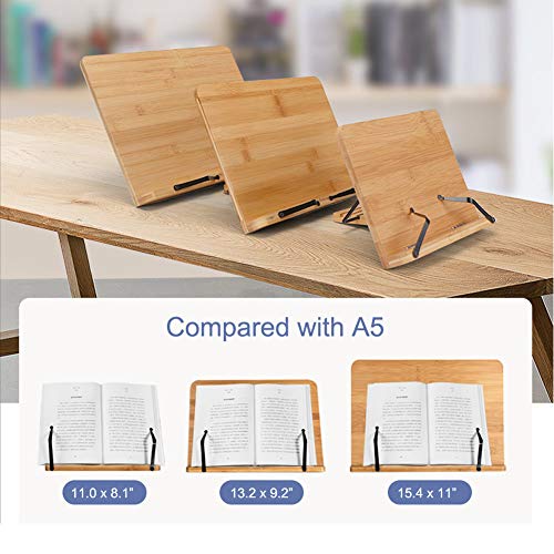 wishacc Bamboo Book Stand Cookbook Holder with 5 Adjustable Height 13.2 x 9.2 - size: 13.2 x 9.2 inches