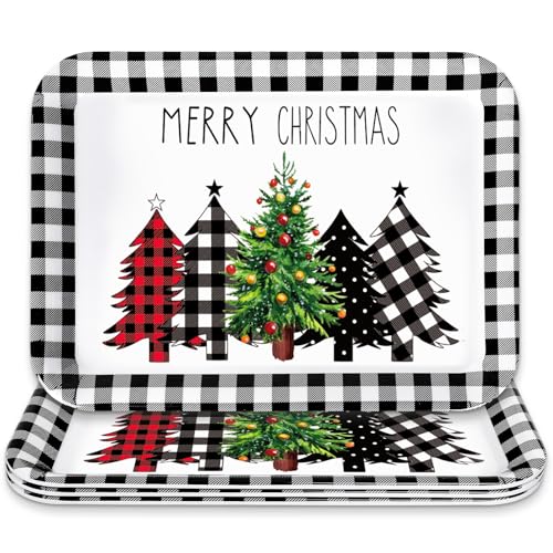 JarThenaAMCS 3Pcs Christmas Serving Trays Black and White Plaid Xmas Tree Platter Rustic Serving Dishes for Holiday Party Sharing Snacks Fruit Dessert Candy - style: Christmas Plaid Tree
