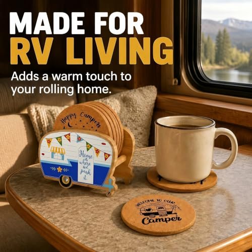 Cool Happy Camper RV Coasters Set of 4 with Holder - color: New Blue