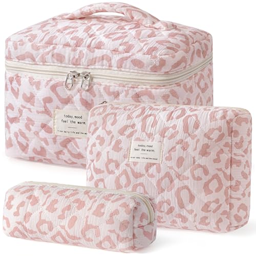 HBselect Quilted Makeup Bag, 3Pcs Cotton Large Travel Makeup Bags Organizer - color: A-3PCS-Floral 29