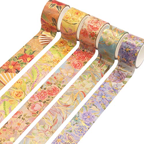 YUBBAEX Blooming Washi Tape Set Gold Foil Masking Tape Peony Wide Decorative for Arts, DIY Crafts, Journal Supplies, Planners, Scrapbook, Card/Gift Wrapping -25mm- (Red Flowers) - color: Red Flowers