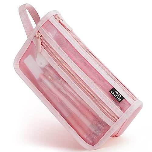 Four Candies Grid Mesh Pencil Case, Clear Double-layer with Handle (Pink) - color: Pink