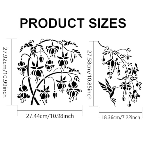 MAYJOYDIY 2pcs Fuchsia Begonia Stencil 11.8×11.8/11.7×8.3inch Fuchsia Flower Hummingbird Stencils with Paint Brush Reusable Flourishing Flower Vine Tree Template for Furniture Fabric Wood Wall Canvas - color: Fuchsia Begonia