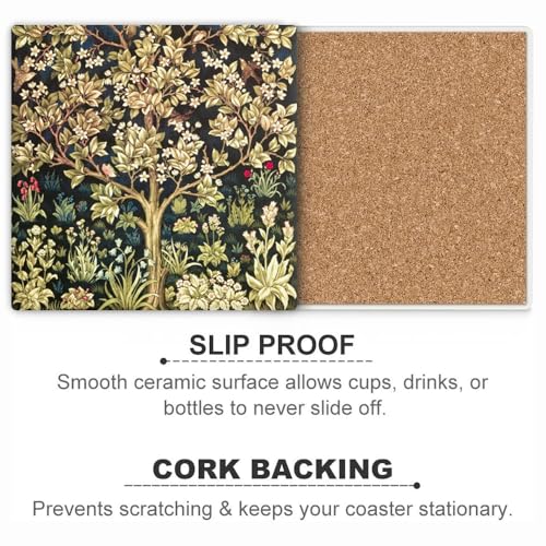 HUXJOKO Coasters for Drinks Set of 6,William Morris Floral Pattern Absorbent Ceramic Coaster,Square Stone Mat,with Cork Base and Metal Holder for Coffee Table Room Bar Home Decor Housewarming Gifts - color: William Morris 2, size: Square