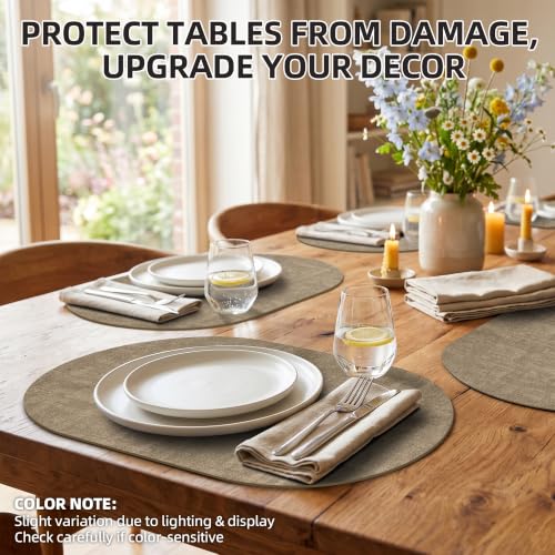 Oval Placemats Set of 6, 17.7 x 11.8 Inch Faux Leather Place Mats, Washable Wipeable Non Slip, Heat Resistant Waterproof Table Mats for Dining Table, Kitchen, Indoor Outdoor Light Coffee - color: R-light Coffee
