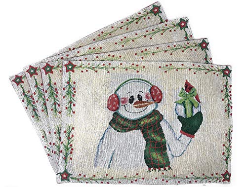 DaDa Bedding Magical Snowman Placemats - Set of 4 Festive Holiday White Tapestry - Cotton Linen Woven Dining Table Mats - 13” x 19” (9733) - color: Snowman
