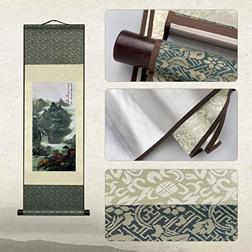 AtfArt Silk Scroll Painting, Asian Wall Art, Waterfall Landscape, 36.2x12in - color: A1