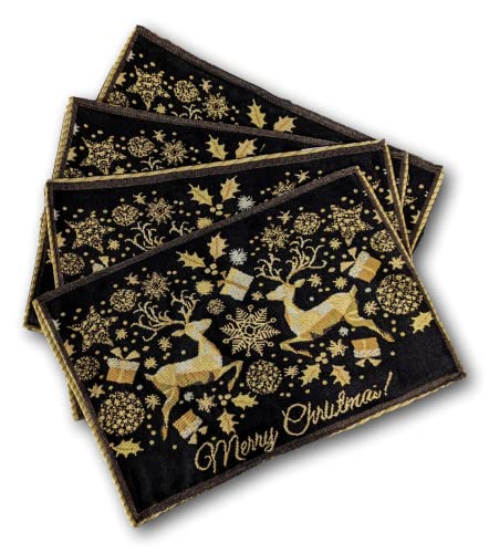 DaDa Bedding Set of 4-Pieces Magical Golden Reindeer Tapestry Placemats - Starry Winter Snowflake Festive Merry Christmas Holiday Yellow & Black - Needle Stitched Woven Table Mats - 13” x 19” - color: Magical Deer