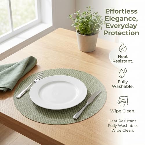 Round Imitation Bamboo PVC Placemats Set of 6,Countertop Protector - color: Green
