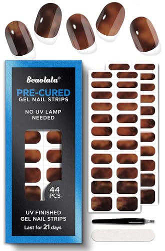 Real Gel Nail Strips (No UV Light Needed) - 44Pcs Salon Quality Nail Stickers - Long Lasting Polish Wraps for Women, Easy Apply & Remove (Brown Leopard) - color: Brown Leopard