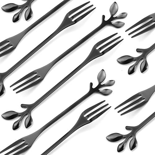 AnSaw 10-Piece Black Leaf Dessert Forks Set - 4.7" Mini Cocktail Forks - color: Black