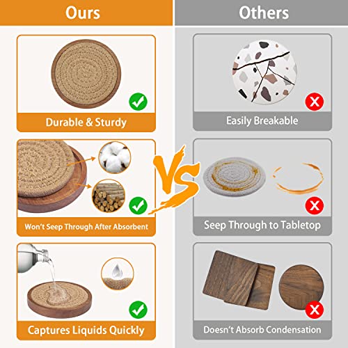 Wood Coasters for Drinks, Eykao Absorbent Coaster Sets of 5, Woven Drink Coasters for Coffee Table, Housewarming Gift for Farmhouse Home Decor,4 inches - color: Brown (With Holder)