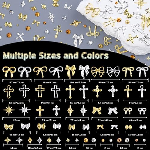 5 Boxes Gold & Silver Metal Nail 3D Punk Studs Star Cross Bow Gems and Small Caviar Beads Pearls Rhinestones Nail Art Jewels with Tweezers and Nail Brush and a Wax Pen Picker(9-Gold & Silver Studs) - color: 9-gold & silver studs
