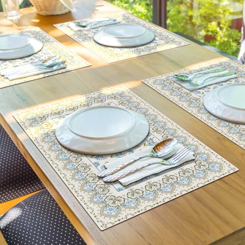 Vintage Floral Placemats with Ornate Gold Trim,12x18 Inch Cute Placemats Spring Table Mats Set of 4 Table Mats for Party Kitchen Dining Decoration-23