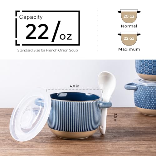 GBhome 22 Ounces Soup Bowls with Large Handles and Lids, Stoneware Bowls Set of 4 with Spoon for Soup, Cereal, Stew, Colourful Ceramic Kitchen Bowls, Microwave&Dishwasher Safe, Moonlight Blue - color: Moonlight Blue