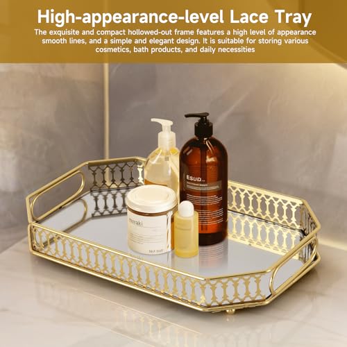 Mirrored Perfume & Makeup Vanity Tray - Hollow-Out Jewelry Storage, Gold Metal & Glass Trinket Organizer for Dresser & Bathroom Countertop, 11.3" Small Size - size: 11.3" x 7" x 2"